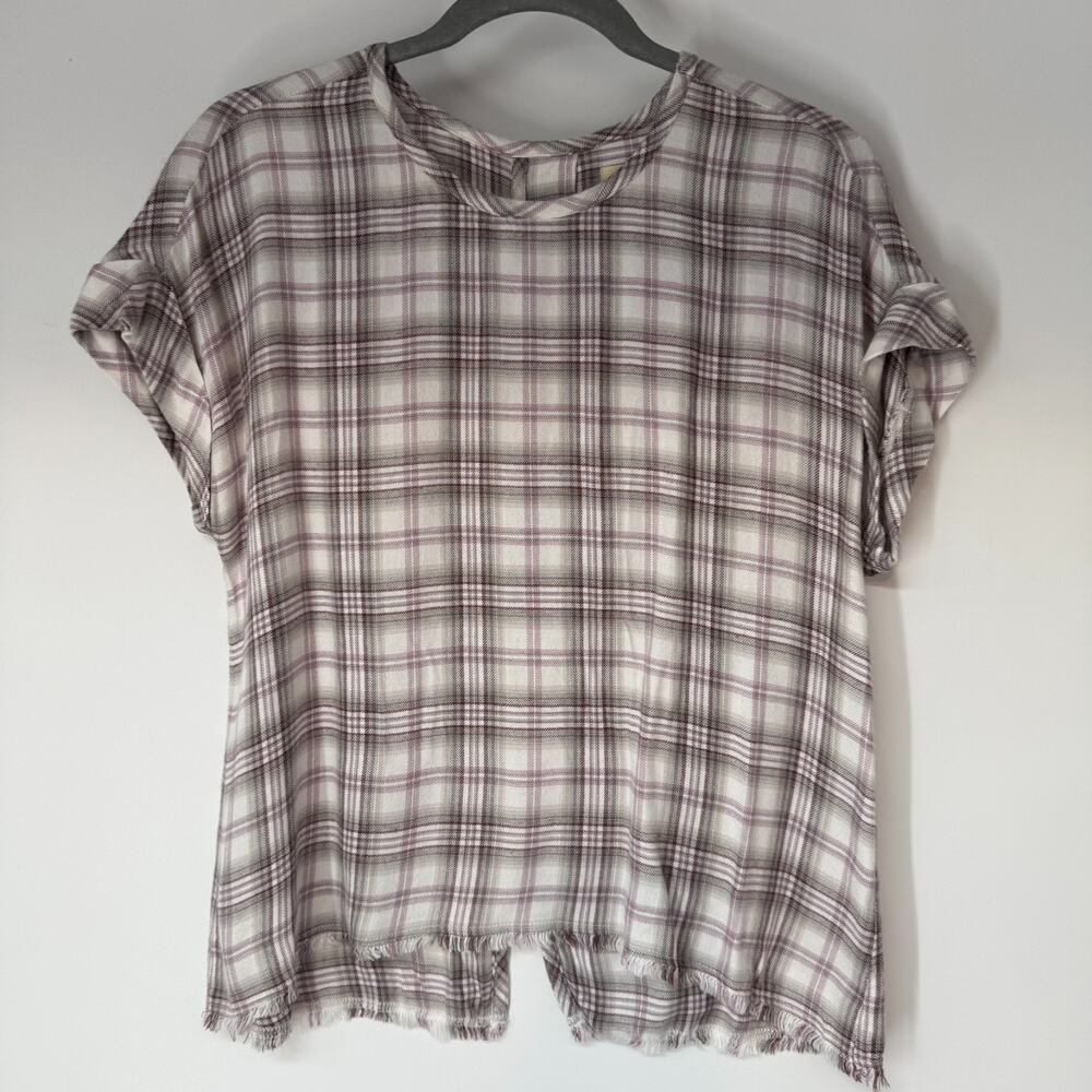Cloth & Stone Plaid Split Back Top Womens XS White Pink Frayed Hem Cuffed Sleeve